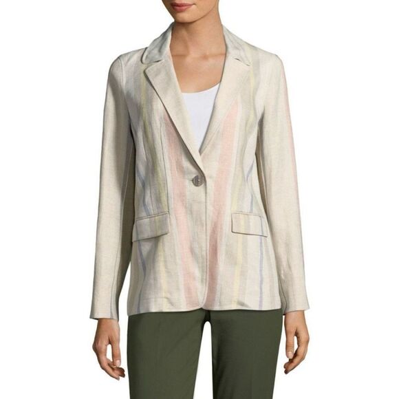Lafayette 148 New York Natural Raffia Linen Blazer Pastel Stripe Size 8 - Picture 1 of 6